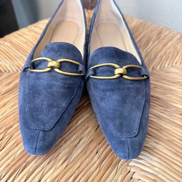 Veronica Beard Suede Horsebit Loafers Navy Blue Pointed Toe Womens 8M - Picture 2 of 5